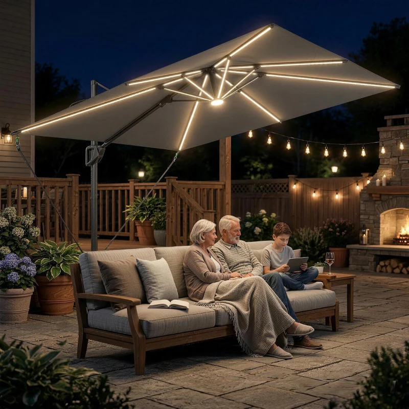Outsunny 3 x 3 m Garden Cantilever Parasol w/ Light, Cover, UPF50+ Patio Umbrella w/ Wind Protection, 360° Rotation, Dark Grey
