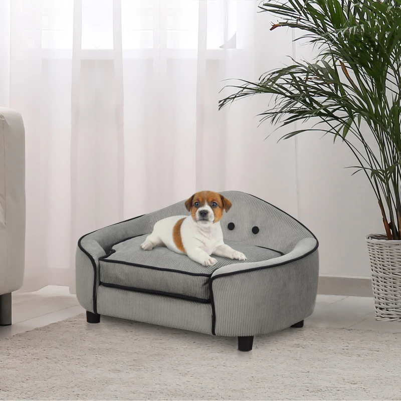 PawHut Dog Sofa for XS and S Size Dogs, Pet Chair Bed with Soft Cushion, Cat Sofa  Couch with Washable Cover, Wooden Frame, 66.5 x 45 x 35.5 cm, Grey