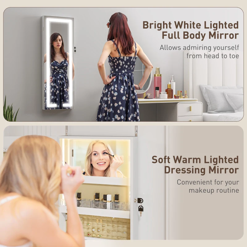 HOMCOM LED Mirror Jewellery Cabinet, Wall Mounted Full Length Mirror with Storage, Lockable Jewellery Organiser, White