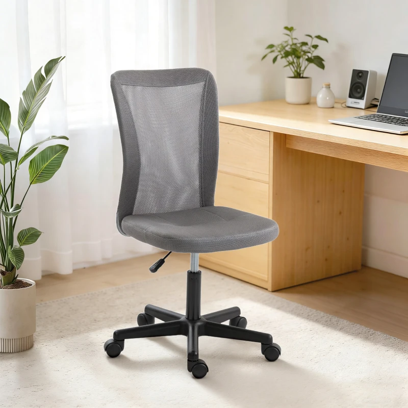 Vinsetto Computer Desk Chair, Mesh Office Chair with Adjustable Height and Swivel Wheels, Armless Study Chair, Grey