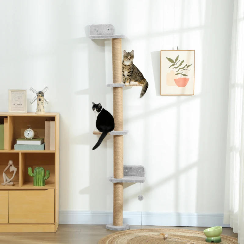 PawHut Wall Mounted Cat Shelves, Cat Climbing Wall with 4 Climbing Platforms, Jute Scratching Post and Toy Ball,180cm Tall, Light Grey