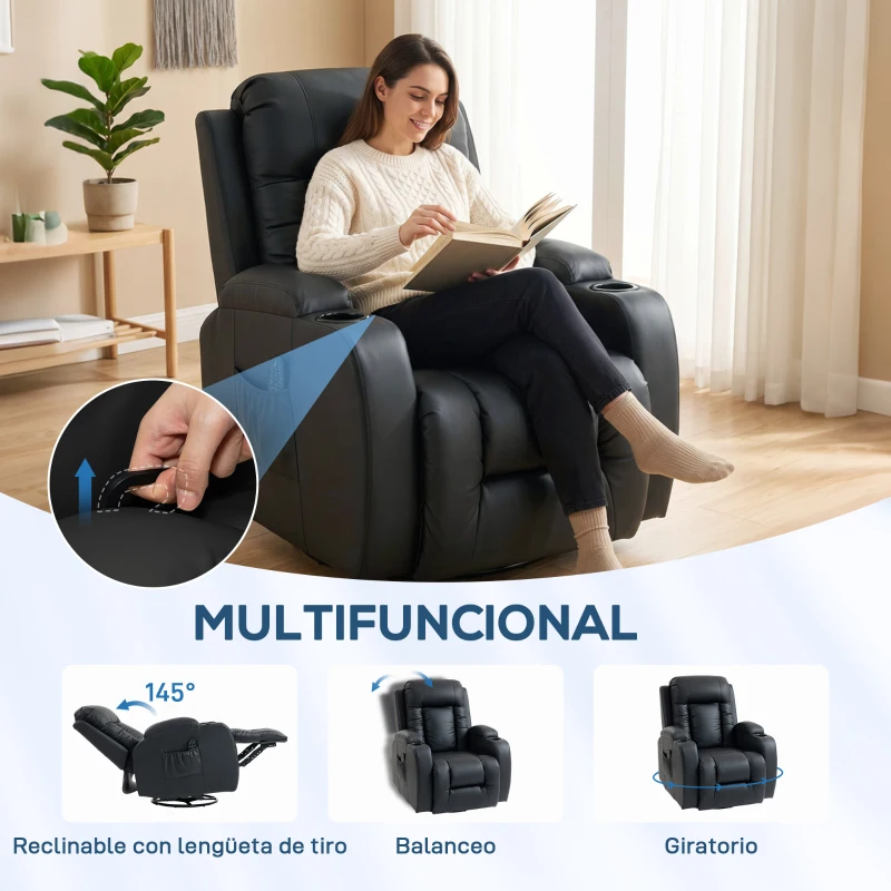 HOMCOM Sillón de Masaje Giratorio Sillón Relax Reclinable con 8 Puntos de Masaje Función de Calefacción 82x99x103 cm Negro