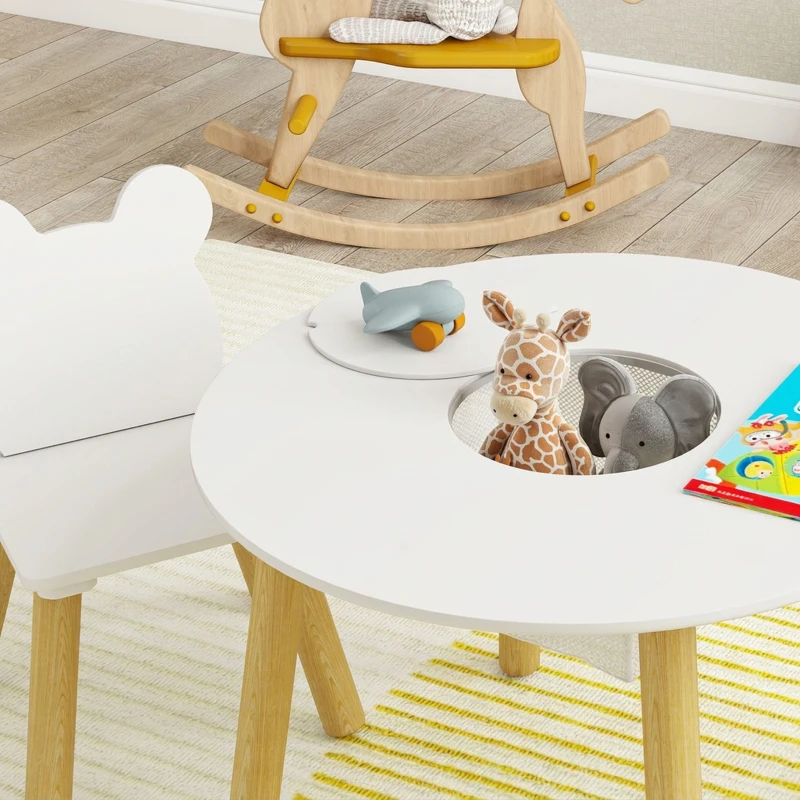 AIYAPLAY Set con Tavolo e 2 Sedie per Bambini con Schienale a Orsetto, Tavolino con Vano Contenitore, Bianco