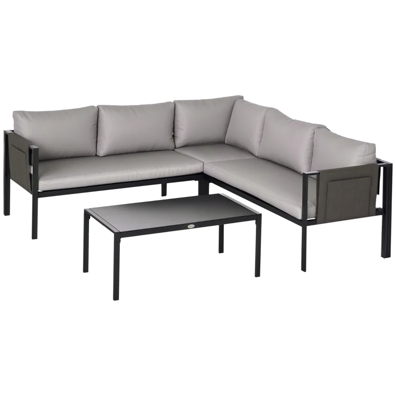 Outsunny 4 Piece Metal Garden Furniture Set, Includes Tempered Glass Coffee Table, Breathable Mesh Pocket, Outdoor Conversational Corner Sofa Loveseat, with Padded Cushions - Light Grey