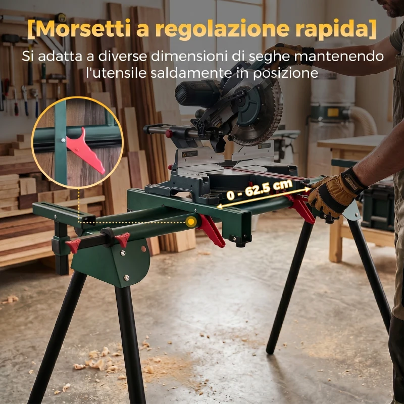 HOMCOM Supporto per Troncatrice con Bracci Regolabili, Gambe Pieghevoli, Altezza Regolabile, Capacità 150 kg, Verde