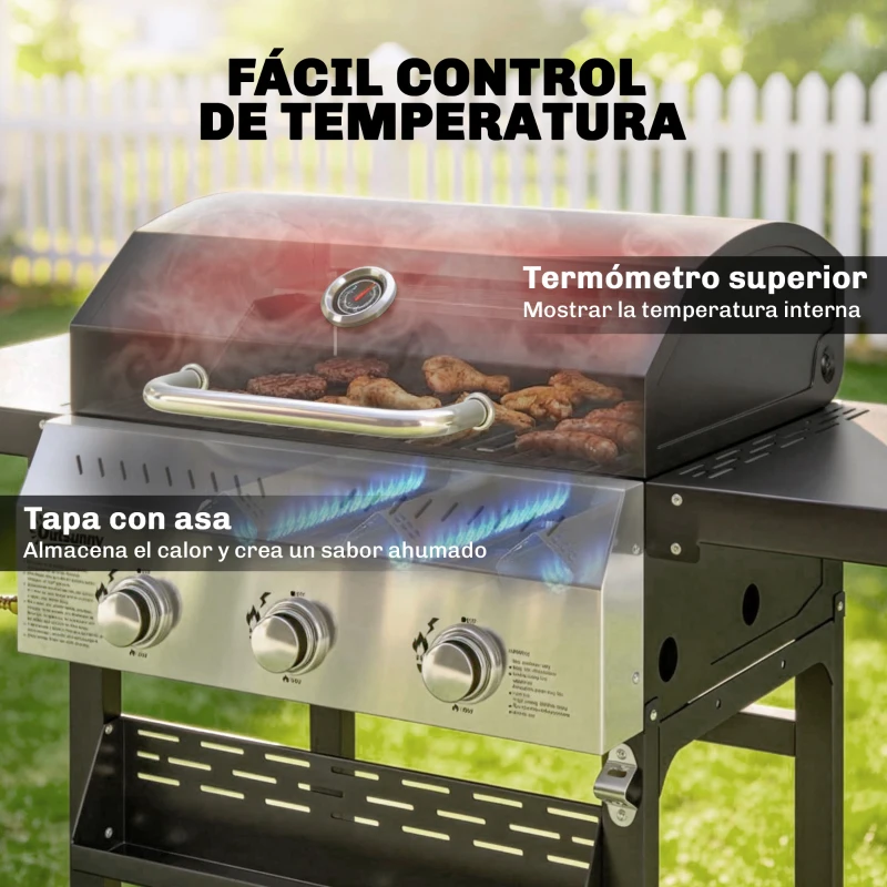 Outsunny Barbacoa de Gas con 3 Quemadores Termómetro Parrilla Mesas Laterales Plegables Estante y Ruedas 123x57x102 cm Negro