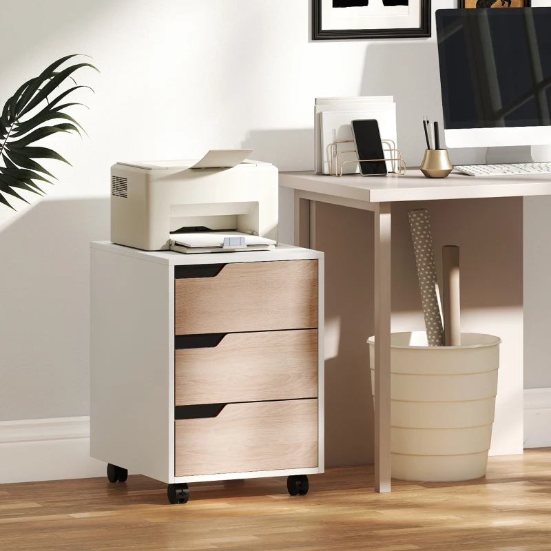 HOMCOM Caisson bureau mobile, meuble rangement bureau sur roulettes, 3 tiroirs, 40x50x57,5cm, blanc et chêne