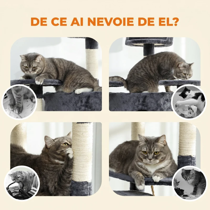 PawHut Copac Stâlp de Zgâriat Per Pisici Înalt 200cm Con Căsuțe E Hamace Gri Închis