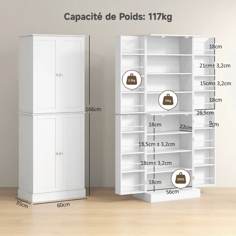 HOMCOM Armoire de cuisine buffet cuisine avec placards, étagère réglable et porte-épices, 60 x 35 x 166 cm, blanc(m-3)