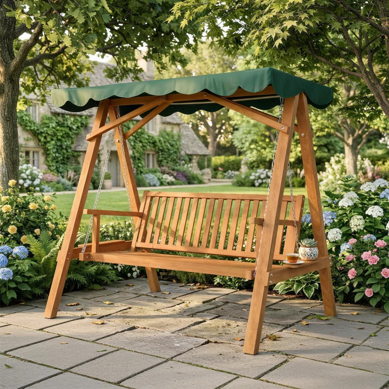 Outsunny Balancelle de Jardin 3 Places Toit imperméabilisé 2 tablettes Support 1,95L x 1,33l x 1,86H m Charge Max. 360 Kg Bois de pin Vert