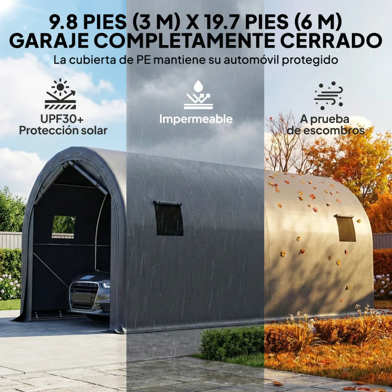 Outsunny Garaje Exterior para Coche 3x6 m Impermeable con Tejido PE Resistente Marco de Metal Galvanizado UPF 30+ Gris Oscuro