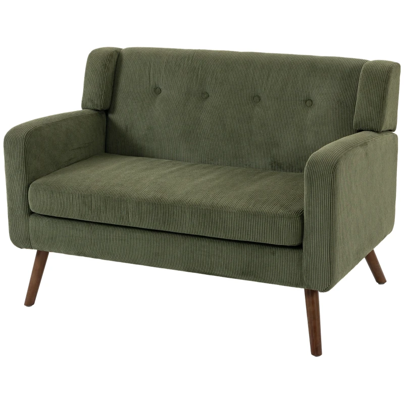 HOMCOM 2 Seater Sofa, 118 cm Corduroy Small Loveseat with Spring Cushion, Wood Legs for Small Space, Living Room, Dark Green