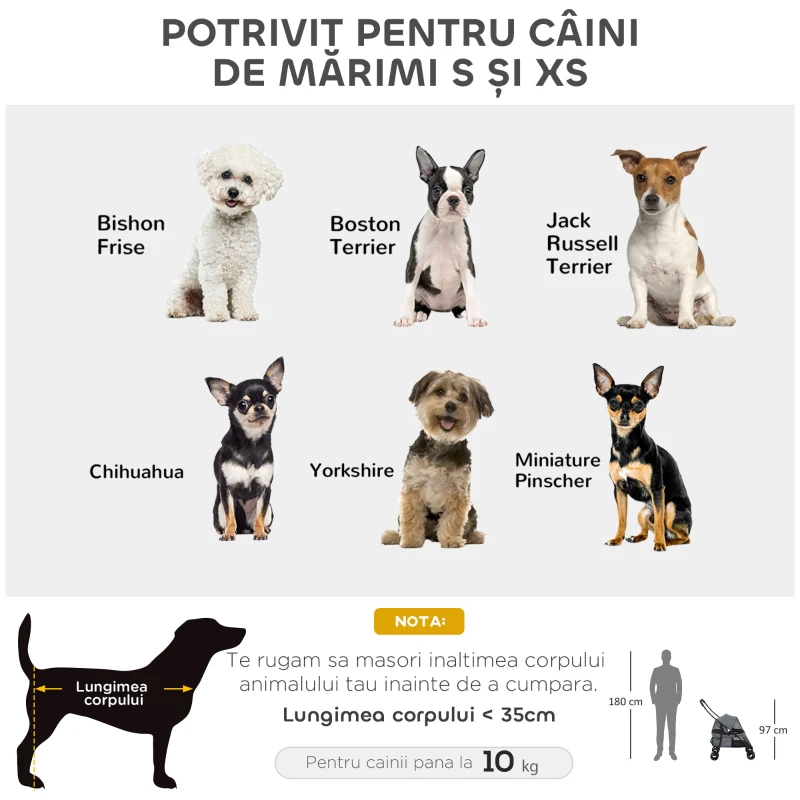 PawHut Cărucior pliabil pentru câini cu copertină reglabilă, geantă și 2 lese, 82x47x97 cm, gri și negru