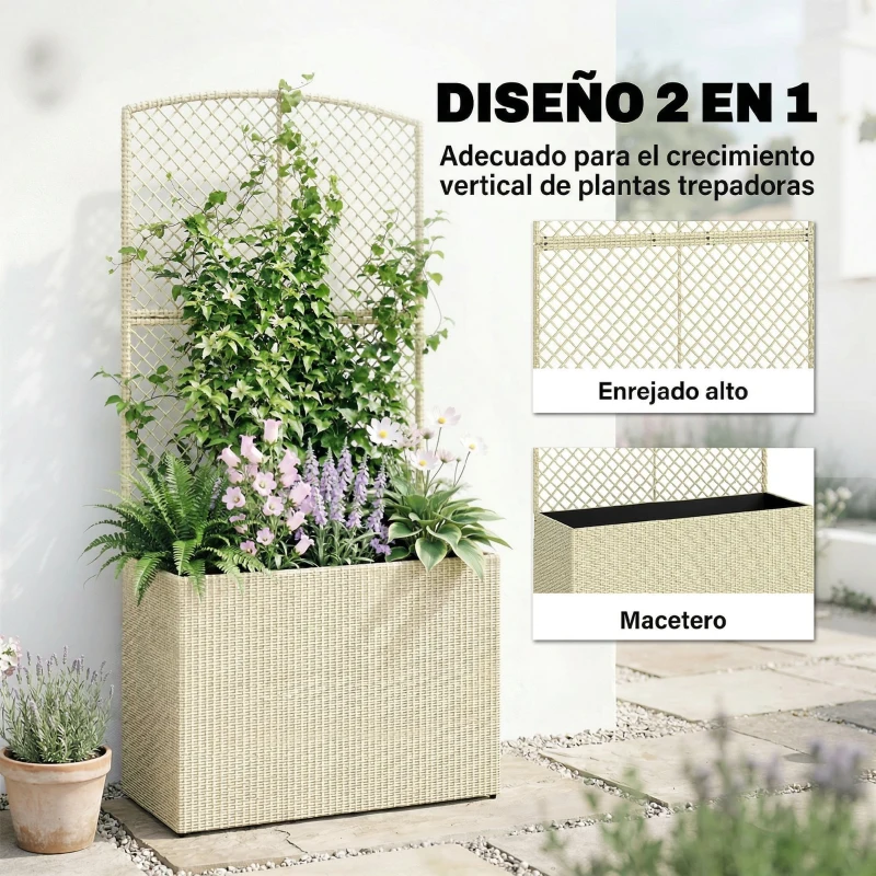 Outsunny Jardinera con Enrejado de Ratán Jardinera Exterior Grande con Macetero para Plantas Trepadoras 80x30x163 cm Beige