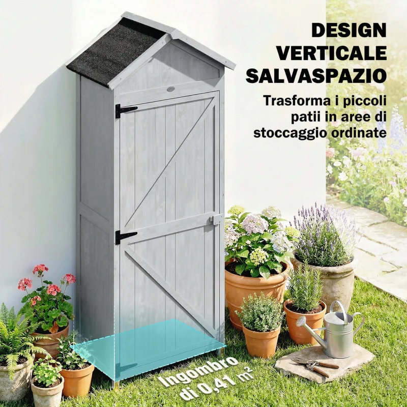 Outsunny Casetta Porta Attrezzi in Legno di Abete con 3 Ripiani e Banco da Lavoro Ribaltabile, 77x52.5x178 cm, Grigio