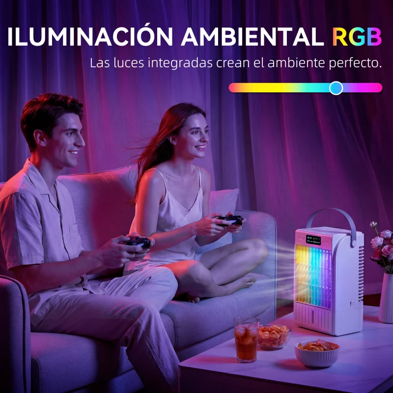 HOMCOM Mini Enfriador de Aire 4 en 1 con 4 Velocidades 2 Modos de Nebulización Luz LED RGB de 7 Colores Blanco