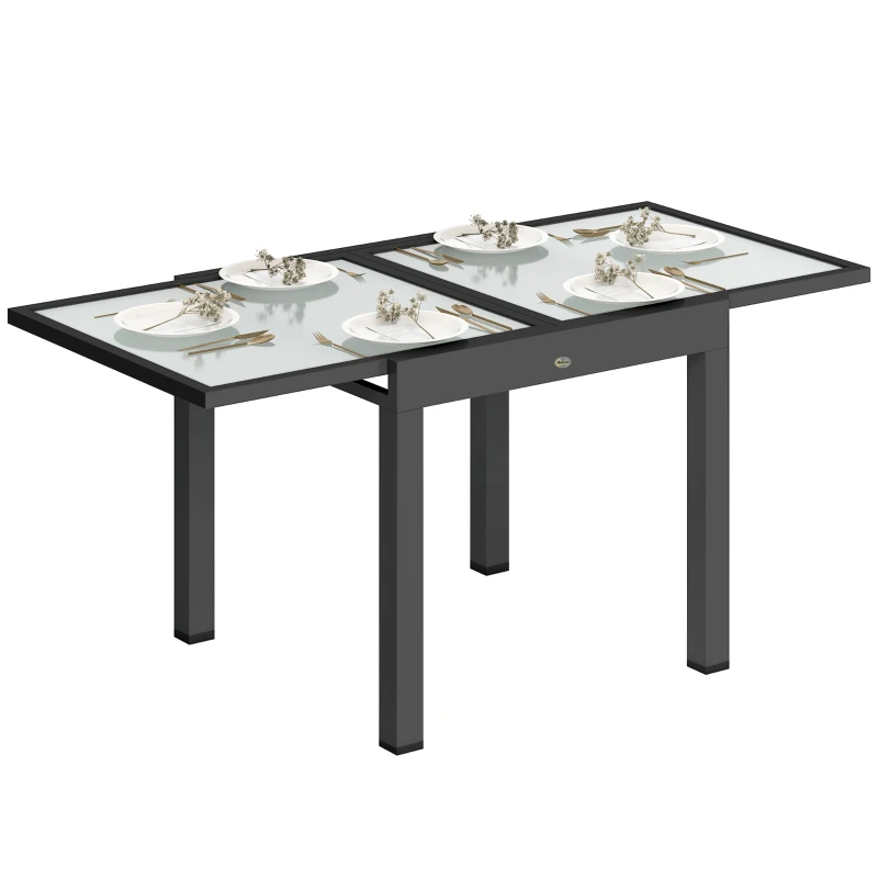 Outsunny Extending Garden Table, Outdoor Dining Table with Aluminium Frame and Tempered Glass Tabletop, 80/160 x 80 x 75 cm, Black and Clear