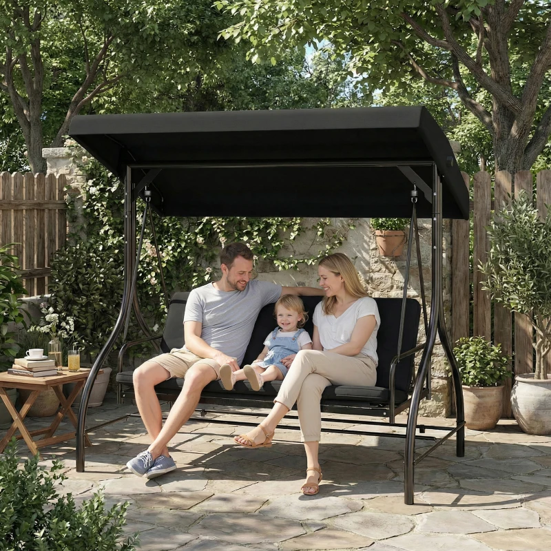 Outsunny 3 Seater Canopy Swing Chair, 2 in 1 Garden Swing Seat Bed, with Adjustable Canopy and Metal Frame, Black
