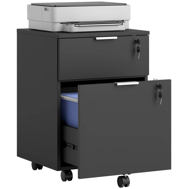 HOMCOM Caisson de bureau, meuble de rangement 2 tiroirs 2 barres pour dossier suspendu, verrouillable avec 2 clés 42x40x60 cm
