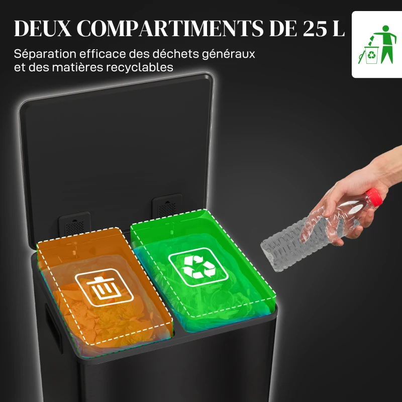 HOMCOM Poubelle de cuisine 2 compartiments de 2 x 25L, acier inoxydable, couvercle à fermeture douce, 47,7x37,5x56cm, noir