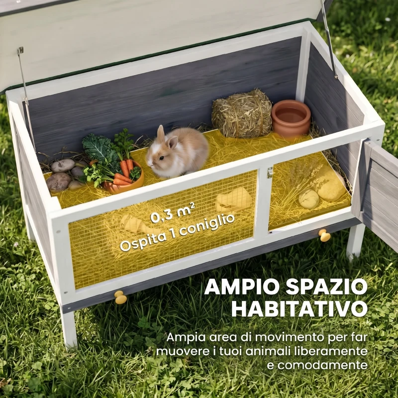 PawHut Conejera de Madera, Jaula para Conejos Medianos con Techo Asfáltico Abatible Bandeja Extraíble Puerta con Pestillo Gris