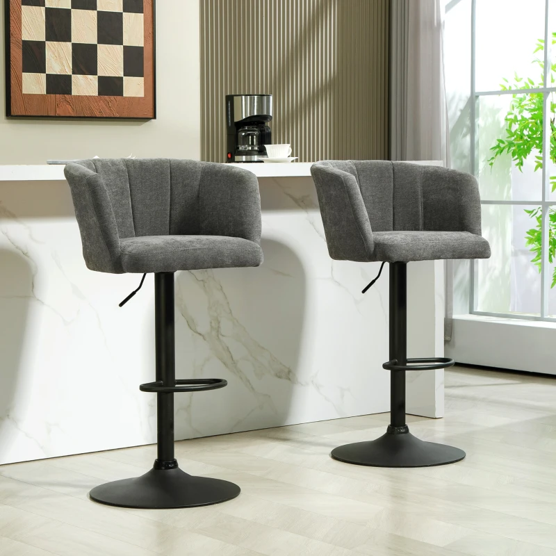HOMCOM Barhocker 2er-Set, Schalenrücken, höhenverstellbar, Fußstütze, für Küche oder Esszimmer, Metallbasis, Dunkelgrau