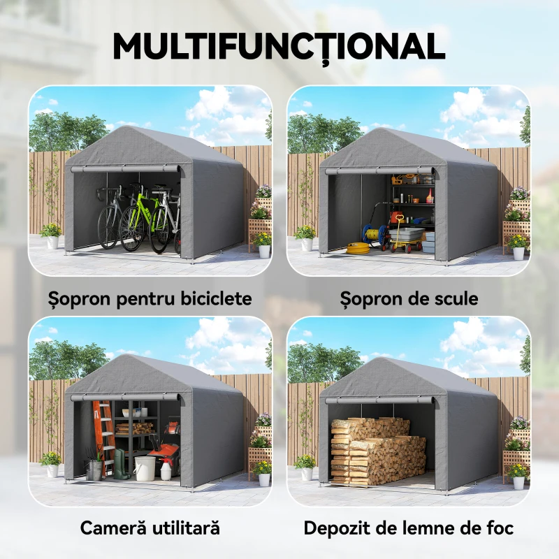 Outsunny 2x2,4 m Garaj Moto pentru Exterior, Tenda Impermeabilă cu Ușă Rulabilă, pentru Biciclete și Unelte, Cadrul din Oțel Zincat, Adăpost de Grădină, Gri Deschis