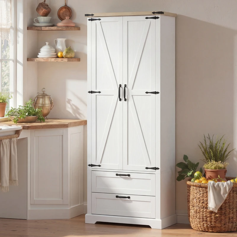 HOMCOM Buffet haut cuisine, armoire de cuisine avec 2 portes, 2 tiroirs, étagères réglables, style rustique, 76x40x180cm, blanc