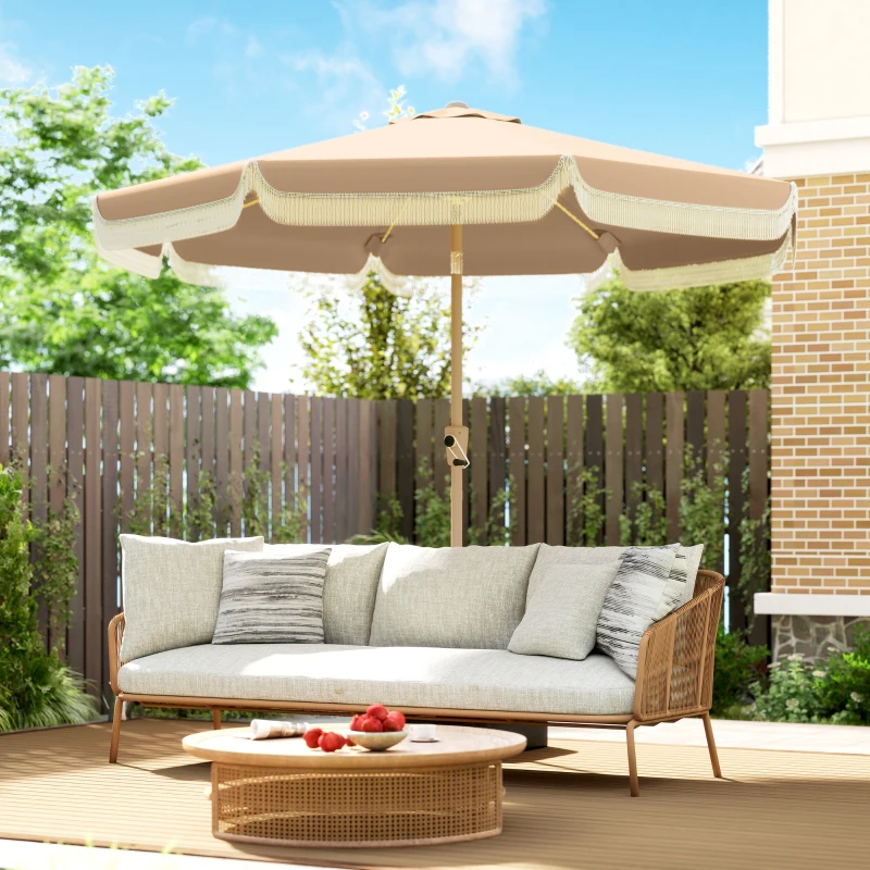 Outsunny Parasol de jardin extérieur 266 cm, parasol inclinable, franges, manivelle, 8 baleines, toile polyester 180 g/m², kaki