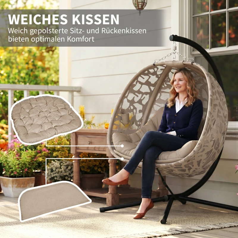 Outsunny Hängesessel, für 2 Personen, klappbarer Sitzkorb, großes Sitzkissen, Sand, 130 x 103 x 172 cm