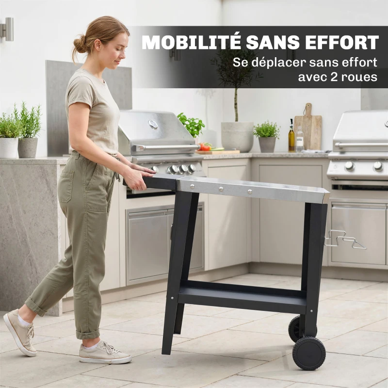 Outsunny Desserte Jardin 2 Niveaux Plateau en Inox avec Table Latérale Pliable et Roulettes, 115x67,5x80,5cm, Noir