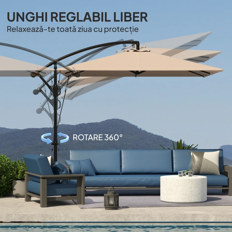 Outsunny Umbrelă Suspendată 2.5x2.5 m cu Acoperire, Corzi Antivânt, Bază în Cruce și Manivelă, Umbrelă de Grădină Inclinabilă și Rotativă 360° din Metal și Poliester 180 g/m², UV50+, Gri