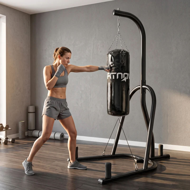 SPORTNOW Support de sac de frappe autoportant avec sac, corde bungee, chaîne 360°, base en U, porte-disques, acier