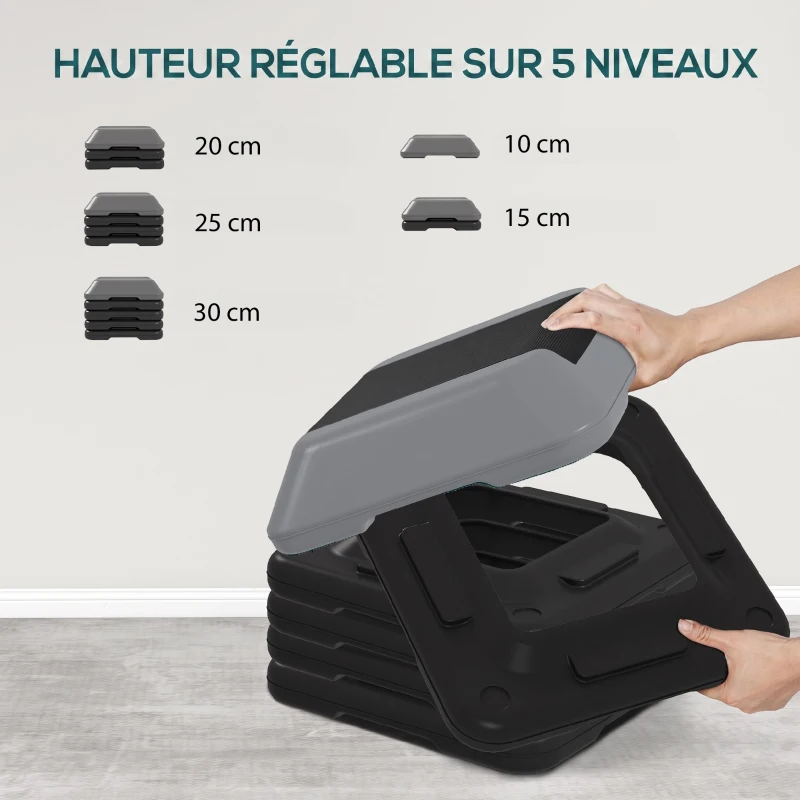 SPORTNOW Aerobic Stepper, Marche d'Exercice, 5 Hauteurs Réglables de 10/15/20/25/30 cm, Charge 150 kg, Gris