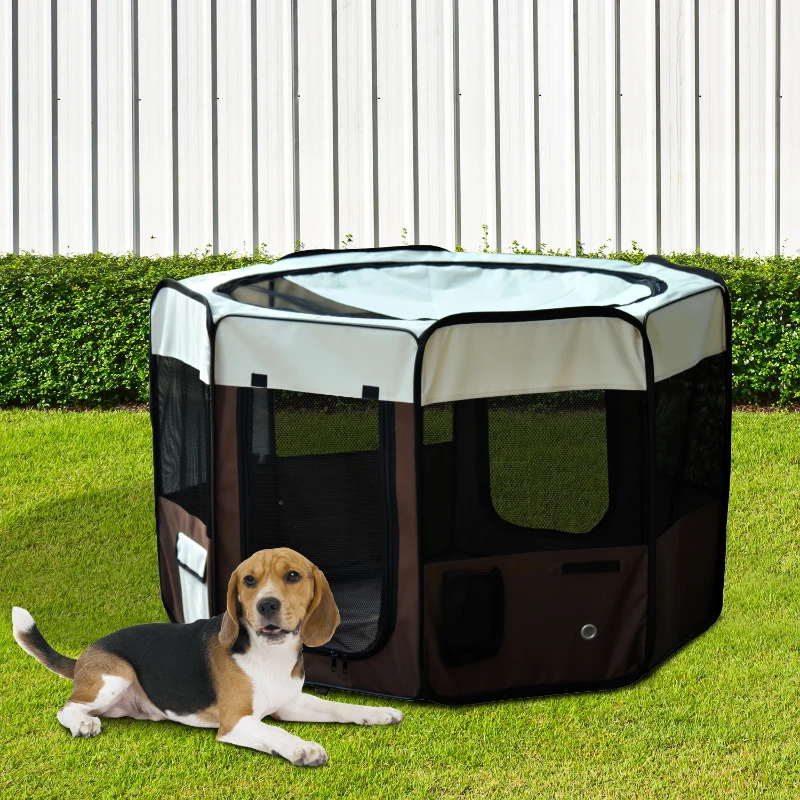 PawHut Parc enclos pliable pour chien chat petits animaux octogonal en tissu Oxford et acier Ø 90 x 41H cm marron beige