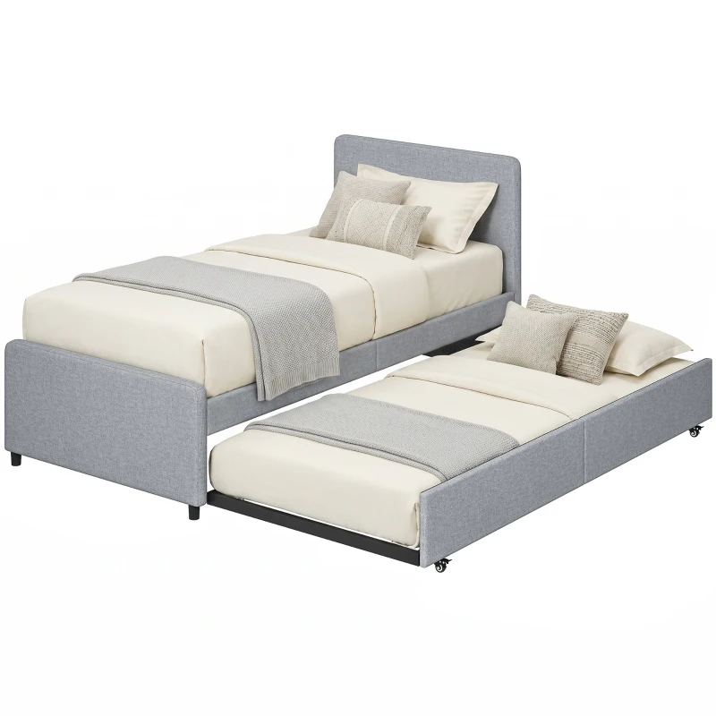 HOMCOM Lit gigogne 90 x 190 cm, cadre de lit simple/double avec sommier à lattes en bois, tête et pied rembourrés, gris clair