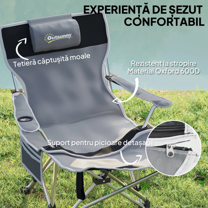 Outsunny Scaun de Camping Pliabil și Rabatabil cu Suport pentru Picioare Detașabil și Tetieră, 82x50/100x88 cm, Negru