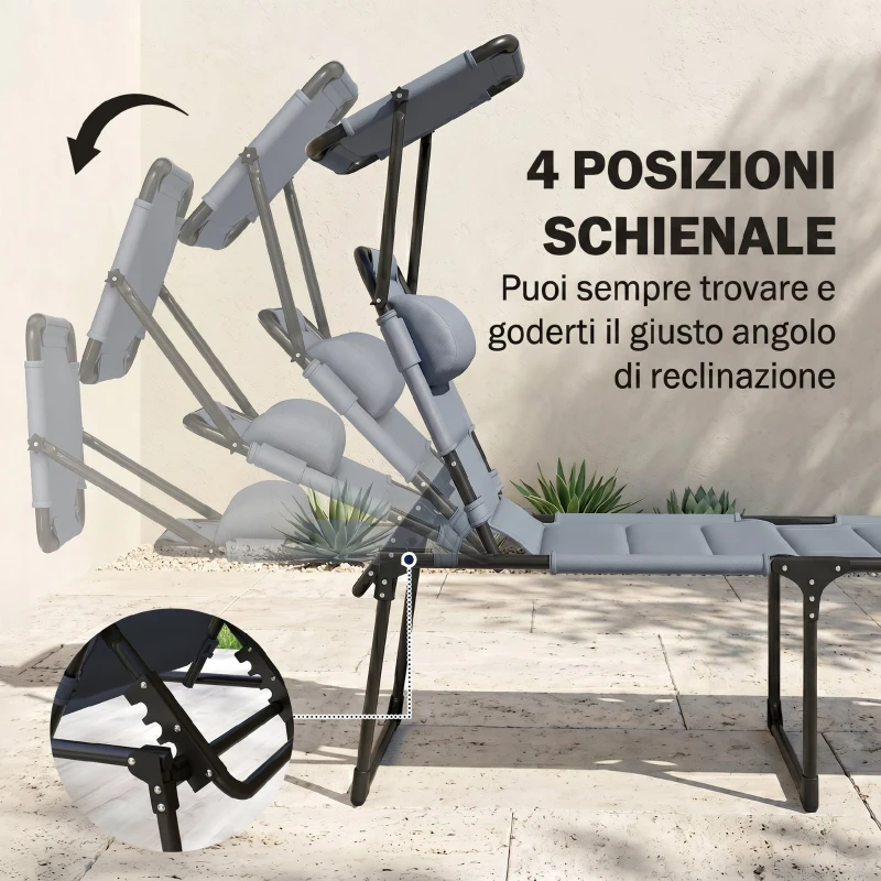 Outsunny Lettino Prendisole Pieghevole con Schienale Regolabile a 4 Livelli, Cuscino e Imbottitura, Grigio