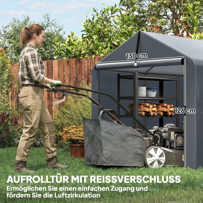 Outsunny Garagenzelt 2,2 x 1,6 m Wasserdicht Gerätezelt mit Rolltür Satteldach Stahlrahmen, UV-beständig Dunkelgrau