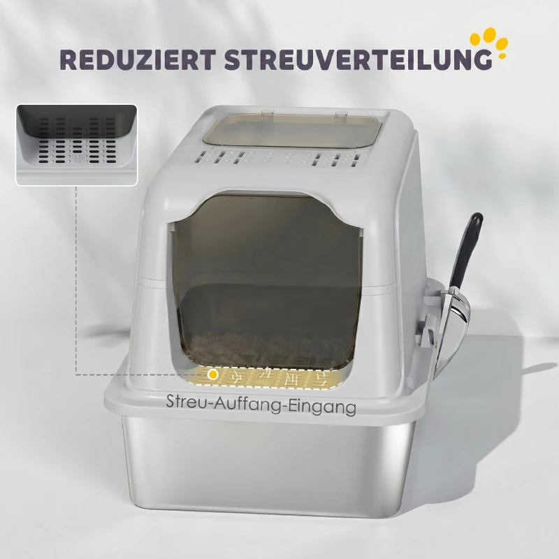 PawHut Katzenklo, Katzentoilette mit Deckel, Streuschaufel, vorne Eingang und ober Ausgang Edelstahl bis 8 kg