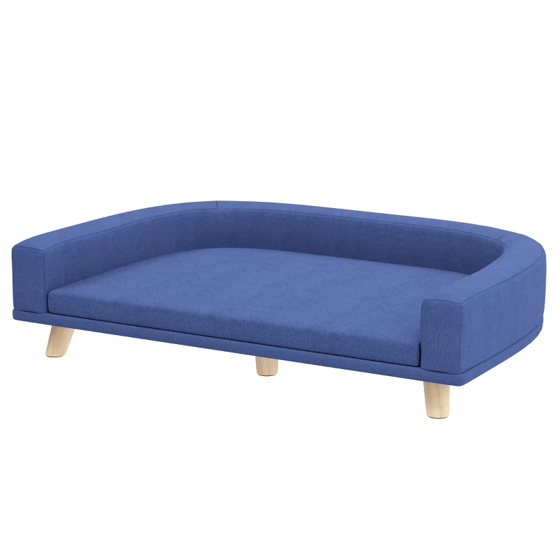 PawHut Canapé pour chien grand lit surélevé pour chien coussin lavable cadre en bois tissu polyester 98 x 67 x 25 cm bleu