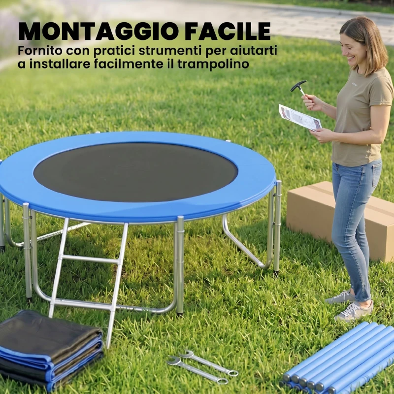 SPORTNOW Trampolino Elastico da Giardino Ø183x200 cm con Rete di Protezione e Scala, in Acciaio e PP, Blu