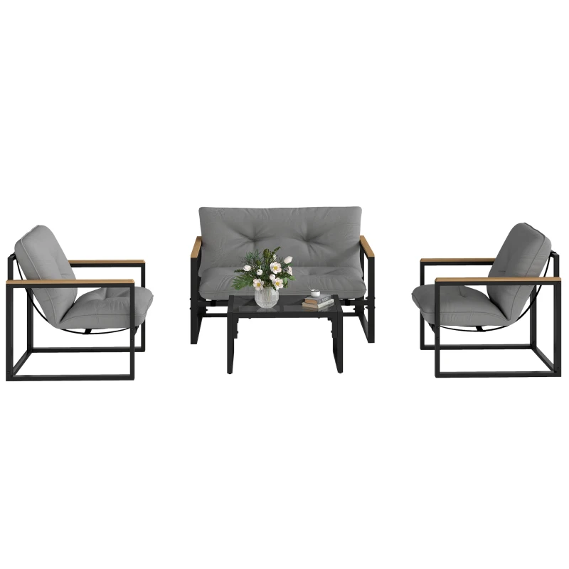 Outsunny Set da Giardino 4 Pezzi con 2 Sedie, Divanetto 2 Posti e Tavolino, in Acciaio e Poliestere Grigio Chiaro e Nero