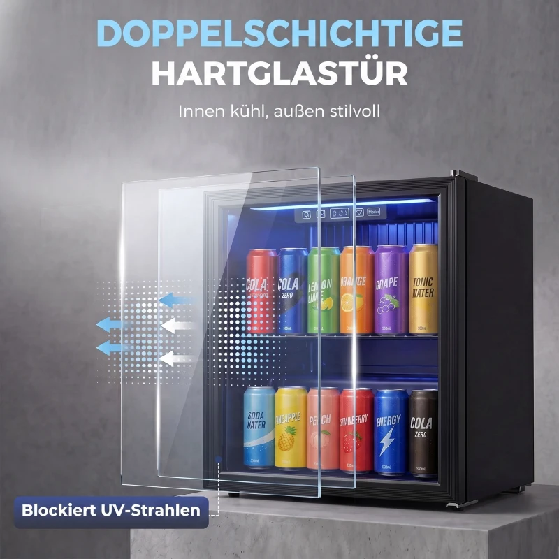 HOMCOM 50 L Getränkekühlschrank, Kühler für 48 Dosen mit Doppelglas-Tür, verstellbar Regal, LED-Beleuchtung Schwarz
