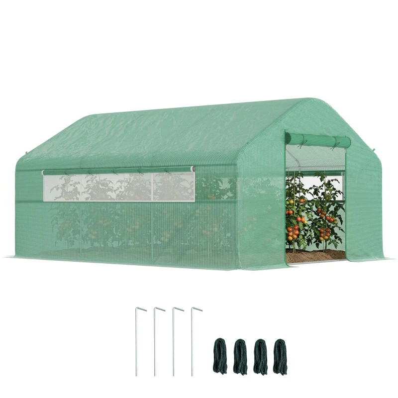 Outsunny Serre de jardin 4 x 3 x 2m avec portes enroulables et grandes fenêtres, serre tunnel de jardin, vert