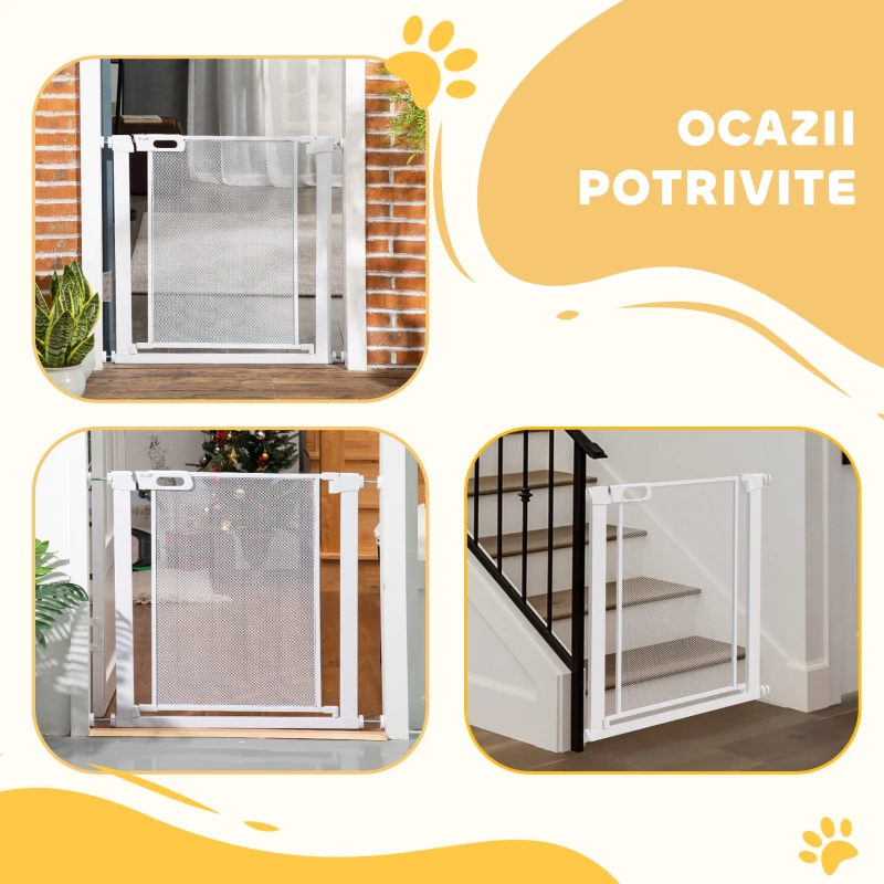 PawHut Poartă Reglabilă pentru Câini cu Închidere Automată, din Oțel și ABS, 75-82x76 cm, Albă