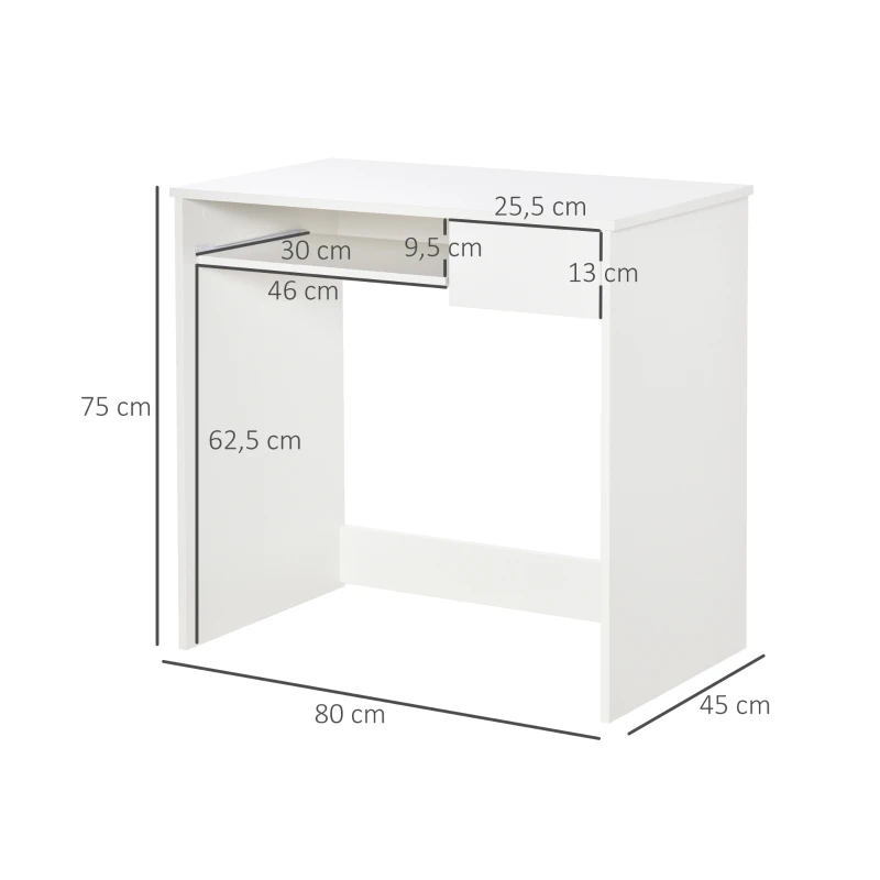 HOMCOM Bureau d'Ordinateur, 80 x 45 x 75 cm, Bureau avec Rangement, Plateau pour Clavier et Tiroir, Blanc