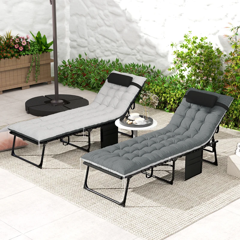 Outsunny Lot de 2 bains de soleil, chaise longue pliante et inclinable, coussin, appui-tête, poche latérale, 60x190x31cm, gris