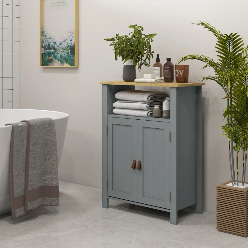 kleankin Móvel Baixo para Banheiro Multi-arrumação Grande Nicho Armário de Duas Portas Cinza e Natural