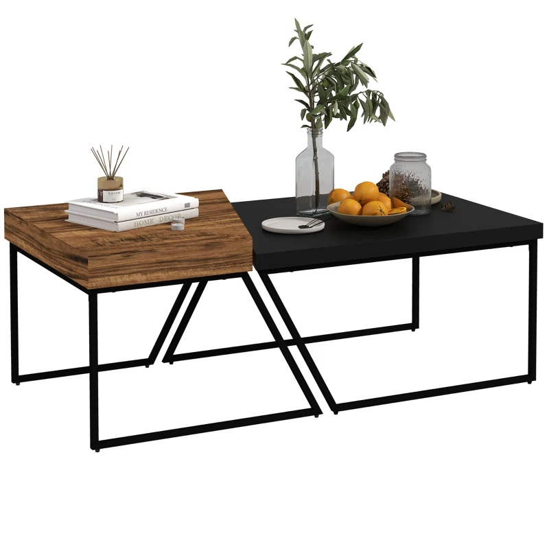 HOMCOM Couchtisch-Set, 2 Beistelltische, Industrial Design, Stahlrahmen, Holz/Schwarz
